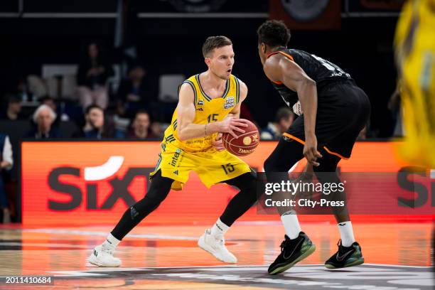 Martin Hermannsson from ALBA Berlin dribbles during the semi-final match between ALBA Berlin and Ratiopharm Ulm on in Munich, Germany.