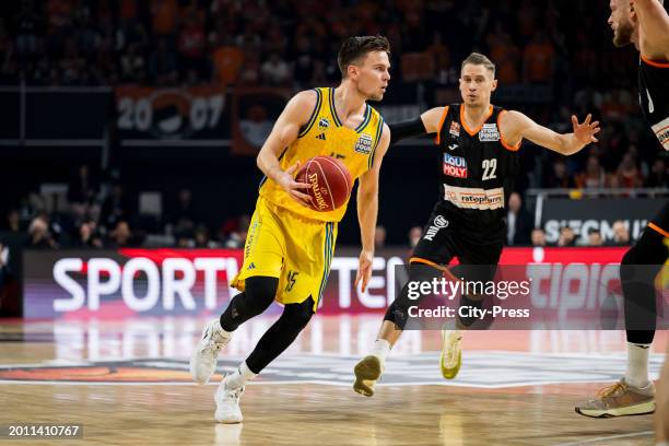 Martin Hermannsson from ALBA Berlin dribbles during the semi-final match between ALBA Berlin and Ratiopharm Ulm on in Munich, Germany.