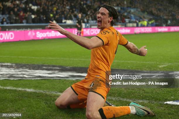 Hull City's Jacob Greaves celebrates scoring the winner against Huddersfield Town during the Sky Bet Championship match at the John Smith's Stadium,...