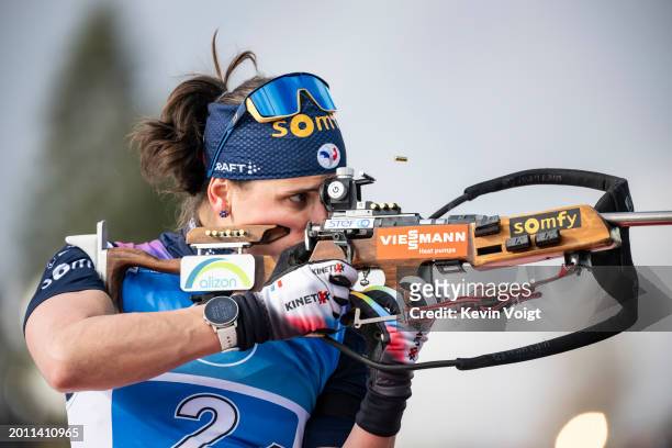 Julia Simon of France at the shooting range during the Women 4x6km Relay at the IBU World Championships Biathlon Nove Mesto na Morave on February 17,...