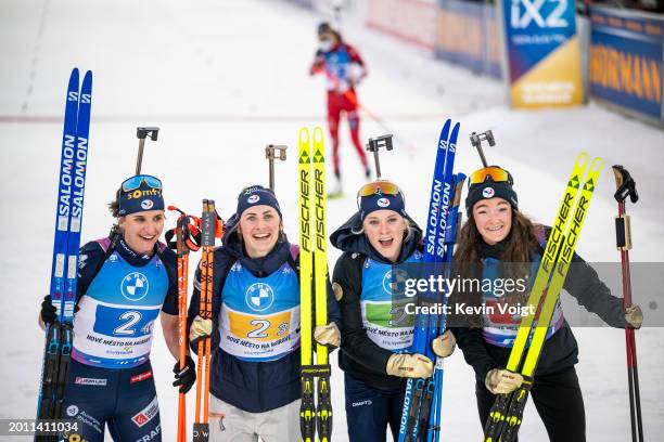 Julia Simon of France, Justine Braisaz-Bouchet of France, Sophie Chauveau of France and Lou Jeanmonnot of France celebrates in the finish for winning...
