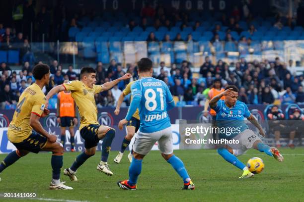 Cyril Ngonge of Napoli is scoring their first goal during the Serie A soccer match between SSC Napoli and Genoa FC at Stadio Maradona in Naples,...