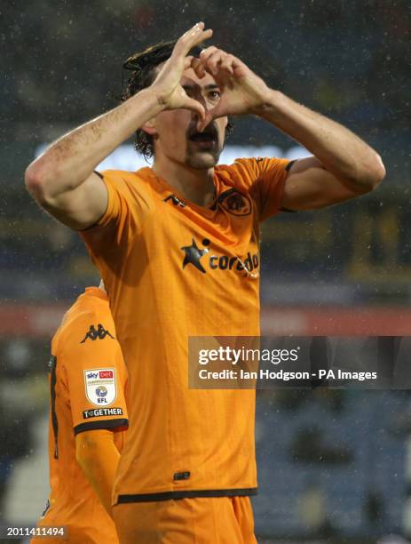 Hull City's Jacob Greaves celebrates scoring the winner against Huddersfield Town during the Sky Bet Championship match at the John Smith's Stadium,...