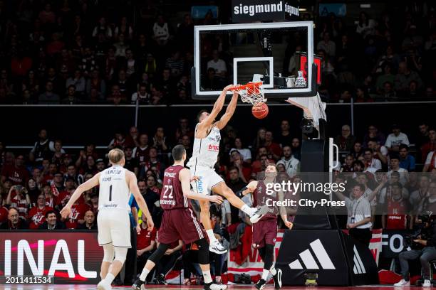 Filip Stanic from the Bamberg Baskets dunks during the semi-final match between the Bamberg Baskets and FC Bayern Munich Basketball on in Munich,...