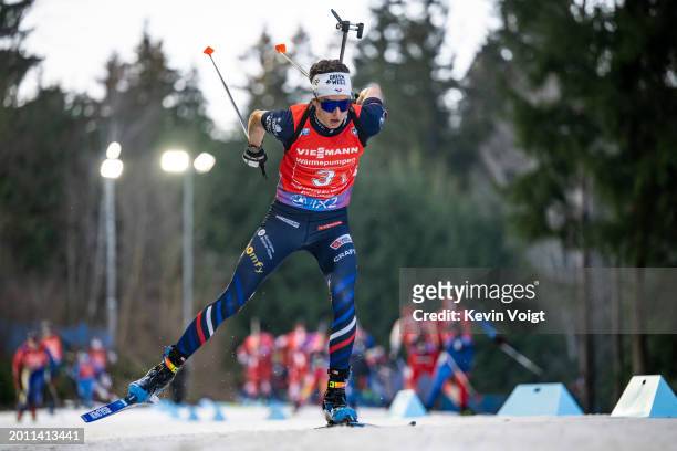 Eric Perrot of France in action during the Men 4x7.5km Relay at the IBU World Championships Biathlon Nove Mesto na Morave on February 17, 2024 in...