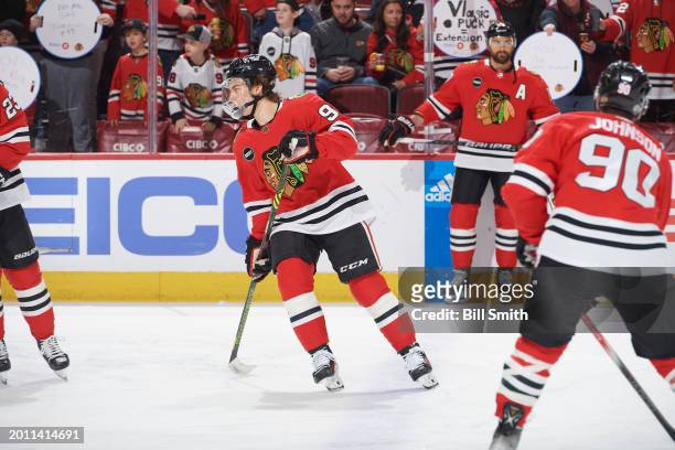 Connor Bedard of the Chicago Blackhawks warms up prior to the game against the Ottawa Senators at the United Center on February 17, 2024 in Chicago,...