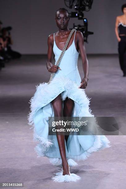 Model on the runway at David Koma RTW Fall 2024 as part of London Ready to Wear Fashion Week held at Ambika P3 on February 17, 2024 in London,...