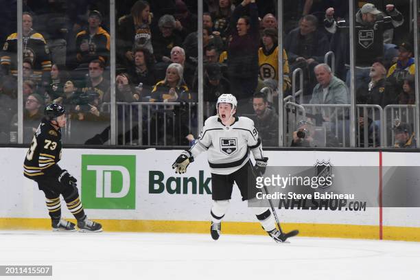 Brandt Clarke of the Los Angeles Kings celebrates his first NHL goal in an overtime win against the Boston Bruins at the TD Garden on February 17,...