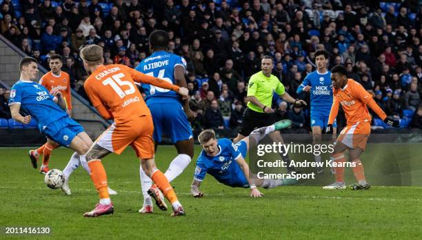 Blackpool's Karamoko Dembele scoring his side's second goal during the Sky Bet League One match between Peterborough United and Blackpool at London...