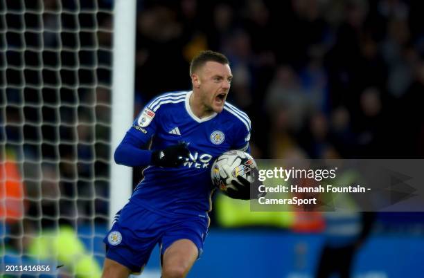 Leicester City's Jamie Vardy celebrates scoring his side's first goal during the Sky Bet Championship match between Leicester City and Middlesbrough...