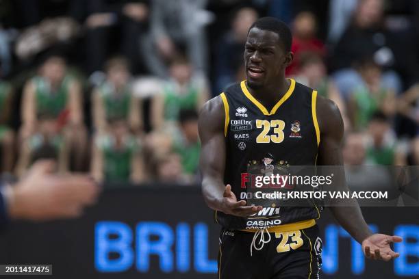 Oostende's Damien Jefferson reacts during a basketball match between Limburg United and BC Oostende, Saturday 17 February 2024 in Hasselt, on day 20...