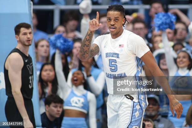 North Carolina Tar Heels forward Armando Bacot acknowledges the assist during the college basketball game between the North Carolina Tar Heels and...