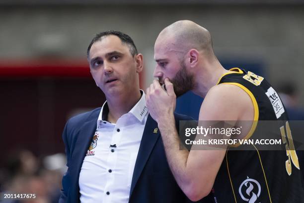 Oostende's head coach Dario Gjergja and Oostende's Pierre-Antoine Gillet pictured during a basketball match between Limburg United and BC Oostende,...