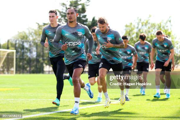 Youstin Salas warms up during a Wellington Phoenix A-League Player Signing Announcement & Training Session at NZCIS on February 15, 2024 in...