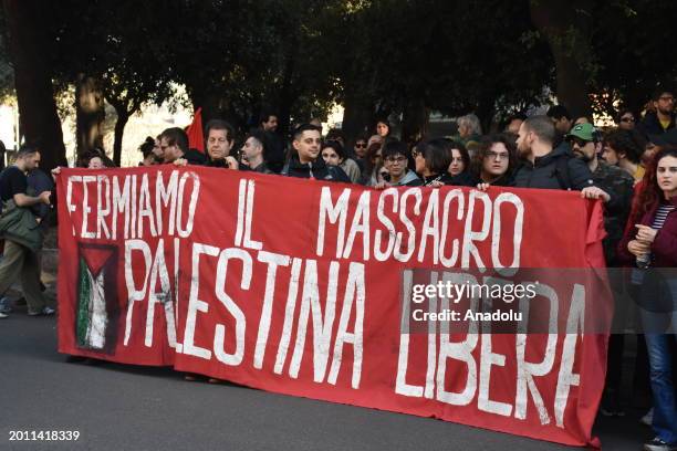 People carrying Palestinian flags and banners attend a pro-Palestine demonstration to protest state-owned broadcaster RAI's endorsement of Israel...