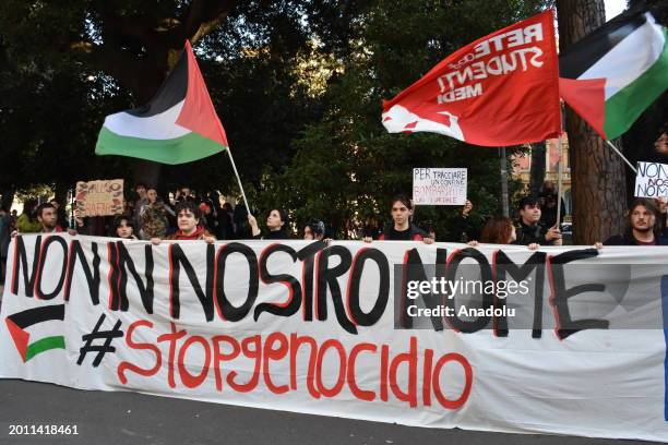 People carrying Palestinian flags and banners attend a pro-Palestine demonstration to protest state-owned broadcaster RAI's endorsement of Israel...