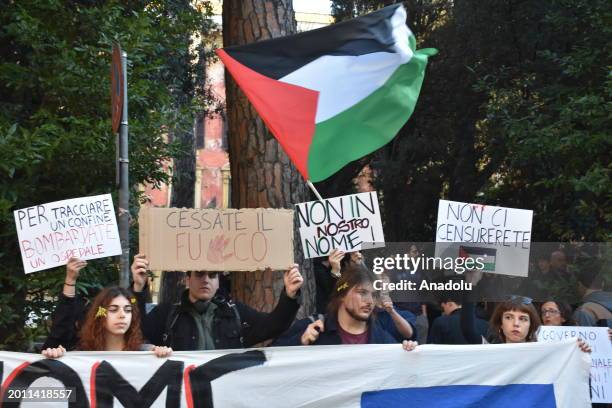 People carrying Palestinian flags and banners attend a pro-Palestine demonstration to protest state-owned broadcaster RAI's endorsement of Israel...