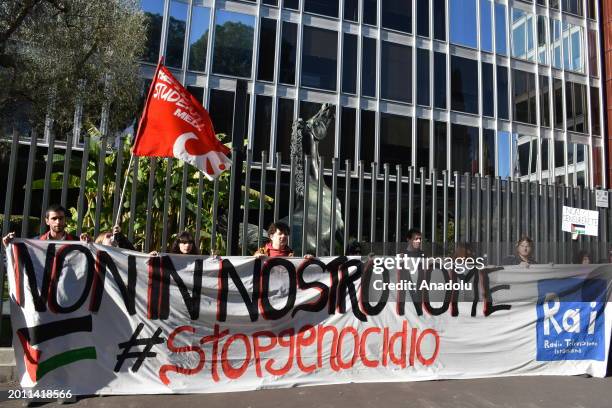 People carrying Palestinian flags and banners attend a pro-Palestine demonstration to protest state-owned broadcaster RAI's endorsement of Israel...