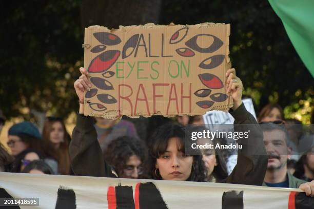 People carrying Palestinian flags and banners attend a pro-Palestine demonstration to protest state-owned broadcaster RAI's endorsement of Israel...