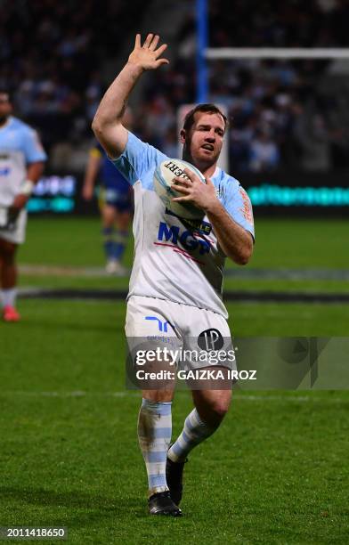 Bayonne's French fly-half Camille Lopez gestures during the French Top 14 Rugby Union match between Aviron Bayonnais and ASM Clermont Auvergne at the...