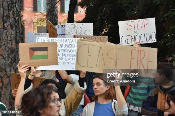 People carrying Palestinian flags and banners attend a pro-Palestine demonstration to protest state-owned broadcaster RAI's endorsement of Israel...