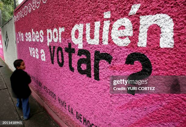 Mexican child walks past in front of a graffiti painted outside of the Federal Electoral Institute building 30 June 2006 in Mexico City. Mexico's...