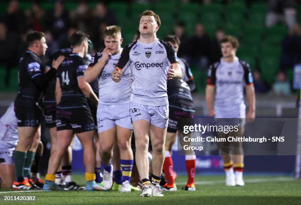 Dragons' Aneurin Owen looks dejected during a BKT United Rugby Championship match between Glasgow Warriors and Dragons at Scotstoun Stadium, on...