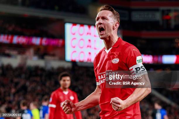 Luuk de Jong of PSV celebrates after scoring his teams first goal during the Dutch Eredivisie match between PSV and Heracles Almelo at Philips...