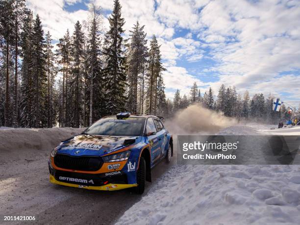 Lauri Joona and Janni Hussi are driving their Skoda Fabia RS RC2 Rally2 on day two of the race at the FIA World Rally Championship WRC Rally Sweden...