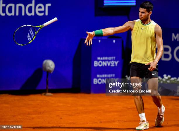 Carlos Alcaraz of Spain reacts after loses a point in the Semi Finals singles match against Nicolas Jarry of Chile during the sixth day of the ATP...