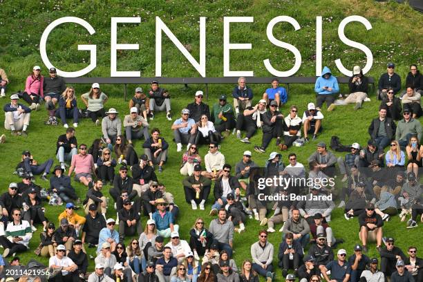 Genesis signage is seen on the 18th hole during the third round of The Genesis Invitational at Riviera Country Club on February 17, 2024 in Pacific...