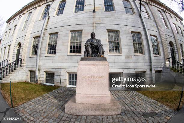 General view of the John Harvard statue in Harvard Yard on February 17 at Harvard University in Cambridge, MA.