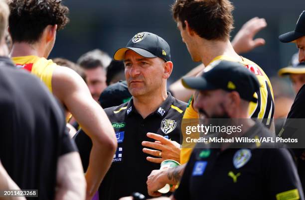 Adem Yze, Senior Coach of the Tigers addresses his players during the AFL 2024 Match Simulation between Melbourne and Richmond at Casey Fields on...