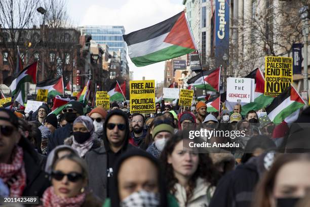 Protestors march to the Capitol Hill during the Global March for Rafah in Washington DC to demand an immediate ceasefire and an end to the US support...