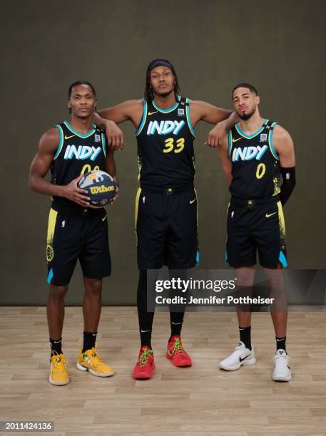 Bennedict Mathurin, Myles Turner and Tyrese Haliburton of Team Pacers pose for a photo during State Farm Saturday Night NBA All-Star Weekend on...