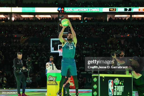 Karl-Anthony Towns of the Minnesota Timberwolves shoots a three point basket during the Starry 3-Point Contest as a part of State Farm All-Star...