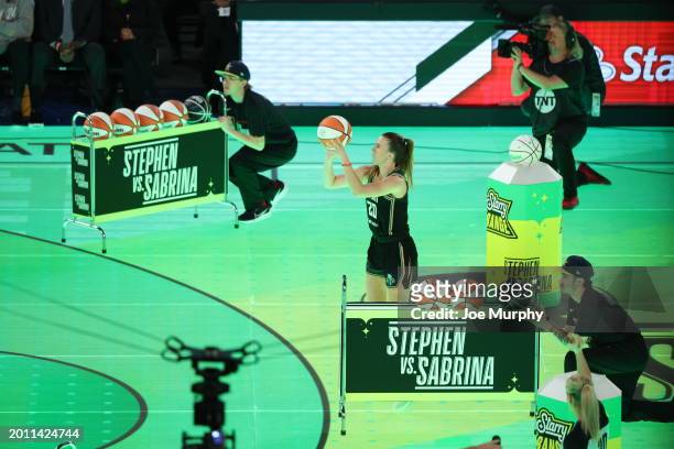 Sabrina Ionescu of the New York Liberty competes in the Stephen vs. Sabrina 3-Point Challenge as a part of State Farm All-Star Saturday Night on...