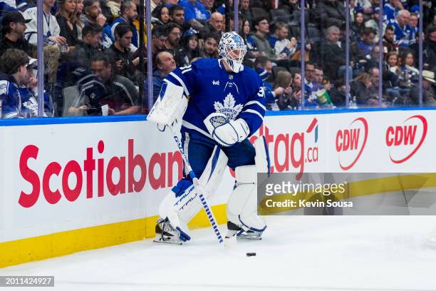 Martin Jones of the Toronto Maple Leafs plays the puck against the Anaheim Ducks during the third period at Scotiabank Arena on February 17, 2024 in...