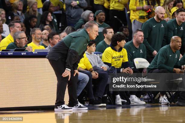 Michigan State Spartans head coach Tom Izzo watches the action on the court during the first half of a regular season Big Ten Conference college...