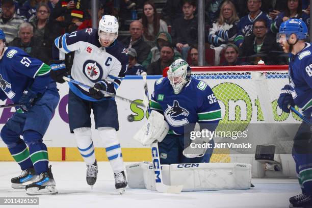 Thatcher Demko of the Vancouver Canucks makes a save during the second period of their NHL game against the Winnipeg Jets at Rogers Arena on February...