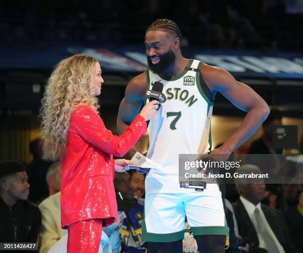 Allie LaForce interviews Jaylen Brown of the Boston Celtics during the AT&T Slam Dunk Contest as part of State Farm All-Star Saturday Night on...