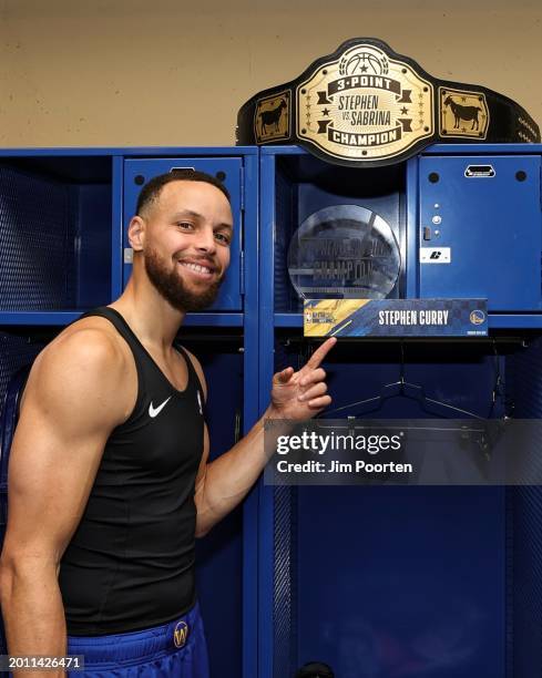 Stephen Curry of the Golden State Warriors poses for a photo in the locker room after winning the Stephen vs. Sabrina 3-Point Challenge as a part of...