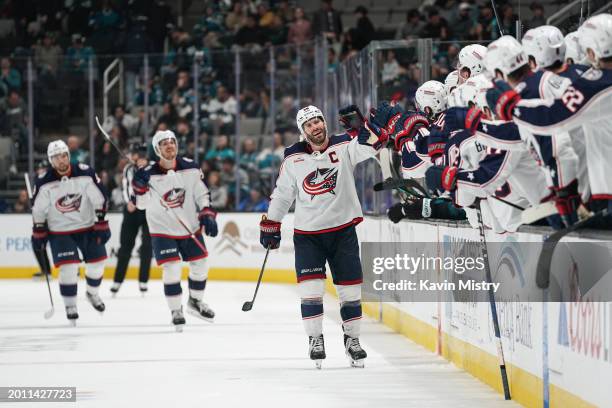 Boone Jenner of the Columbus Blue Jackets celebrates scoring a goal against the San Jose Sharks in the third period at SAP Center on February 17,...