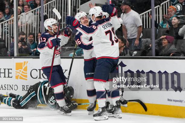 Boone Jenner of the Columbus Blue Jackets celebrates the game winning goal against the San Jose Sharks at SAP Center on February 17, 2024 in San...