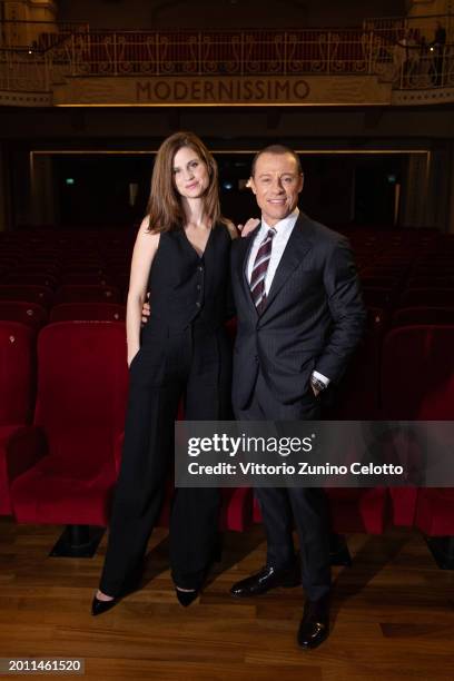 Bianca Vitali and Stefano Accorsi pose for a portrait session for "Un Amore" at Modernissimo Movie Theater on February 14, 2024 in Bologna, Italy.