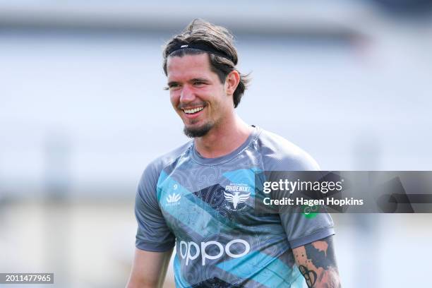 Oskar Zawada looks on during a Wellington Phoenix A-League Player Signing Announcement & Training Session at NZCIS on February 15, 2024 in...