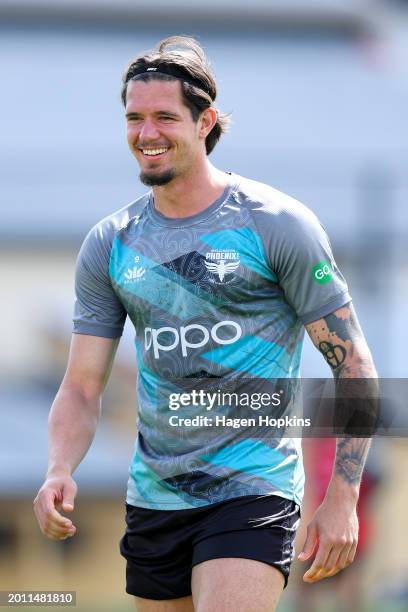 Oskar Zawada looks on during a Wellington Phoenix A-League Player Signing Announcement & Training Session at NZCIS on February 15, 2024 in...