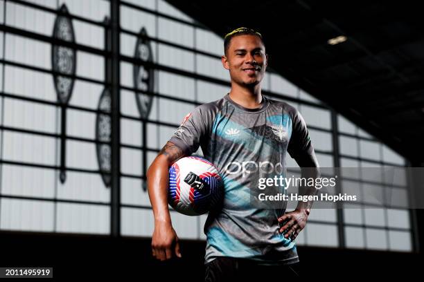 Youstin Salas poses during a Wellington Phoenix A-League Player Signing Announcement & Training Session at NZCIS on February 15, 2024 in Wellington,...