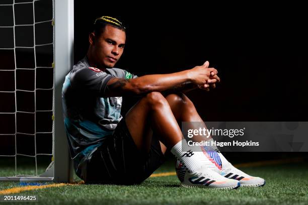 Youstin Salas poses during a Wellington Phoenix A-League Player Signing Announcement & Training Session at NZCIS on February 15, 2024 in Wellington,...
