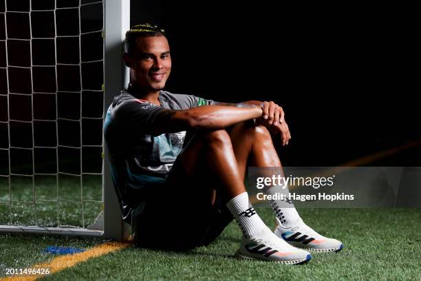 Youstin Salas poses during a Wellington Phoenix A-League Player Signing Announcement & Training Session at NZCIS on February 15, 2024 in Wellington,...